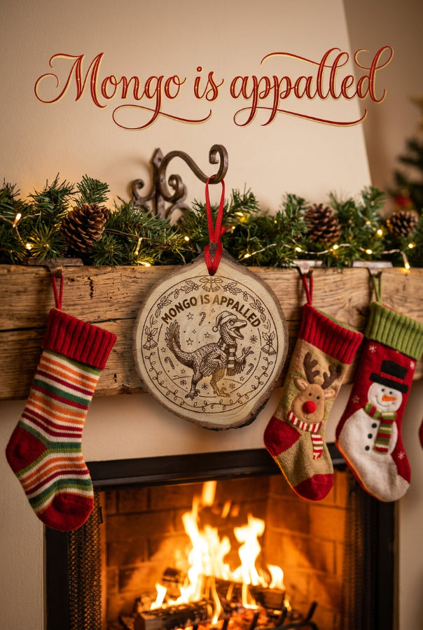 A festive Christmas mantel scene with a burning fireplace, green pine garland, three red-and-striped stockings, a round printed ornament reading 'MONGO IS APPALED,' and the phrase 'Mongo is appalled' written in red script across the top.