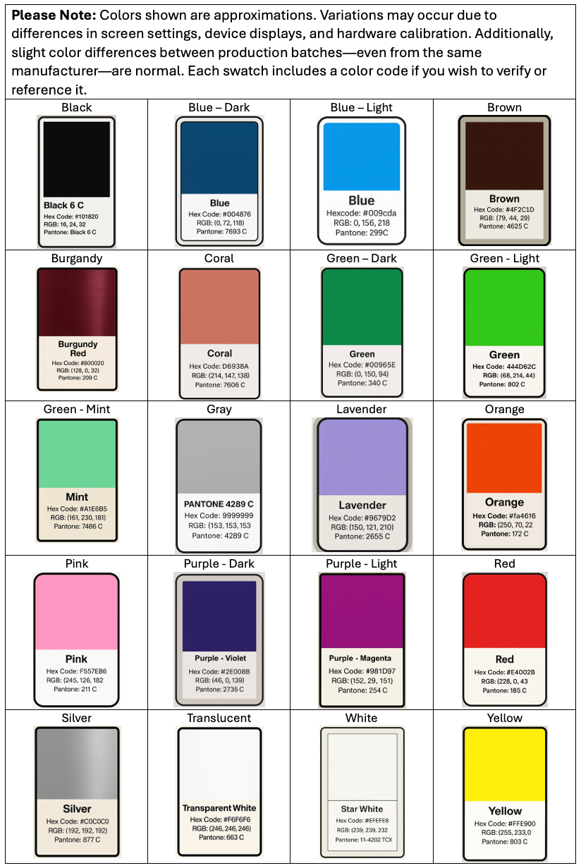 TPU Color Chart