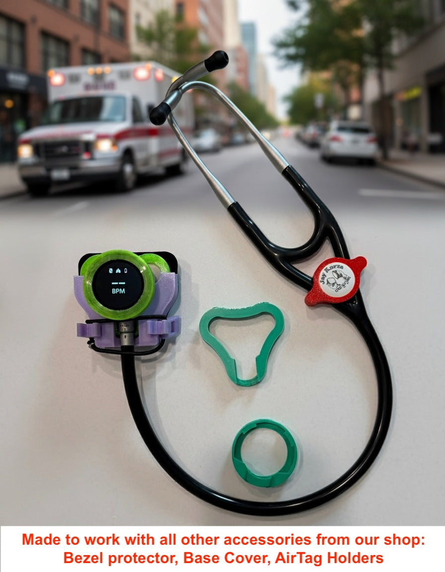 Stethoscope with colorful attachments on a city street background with an ambulance.