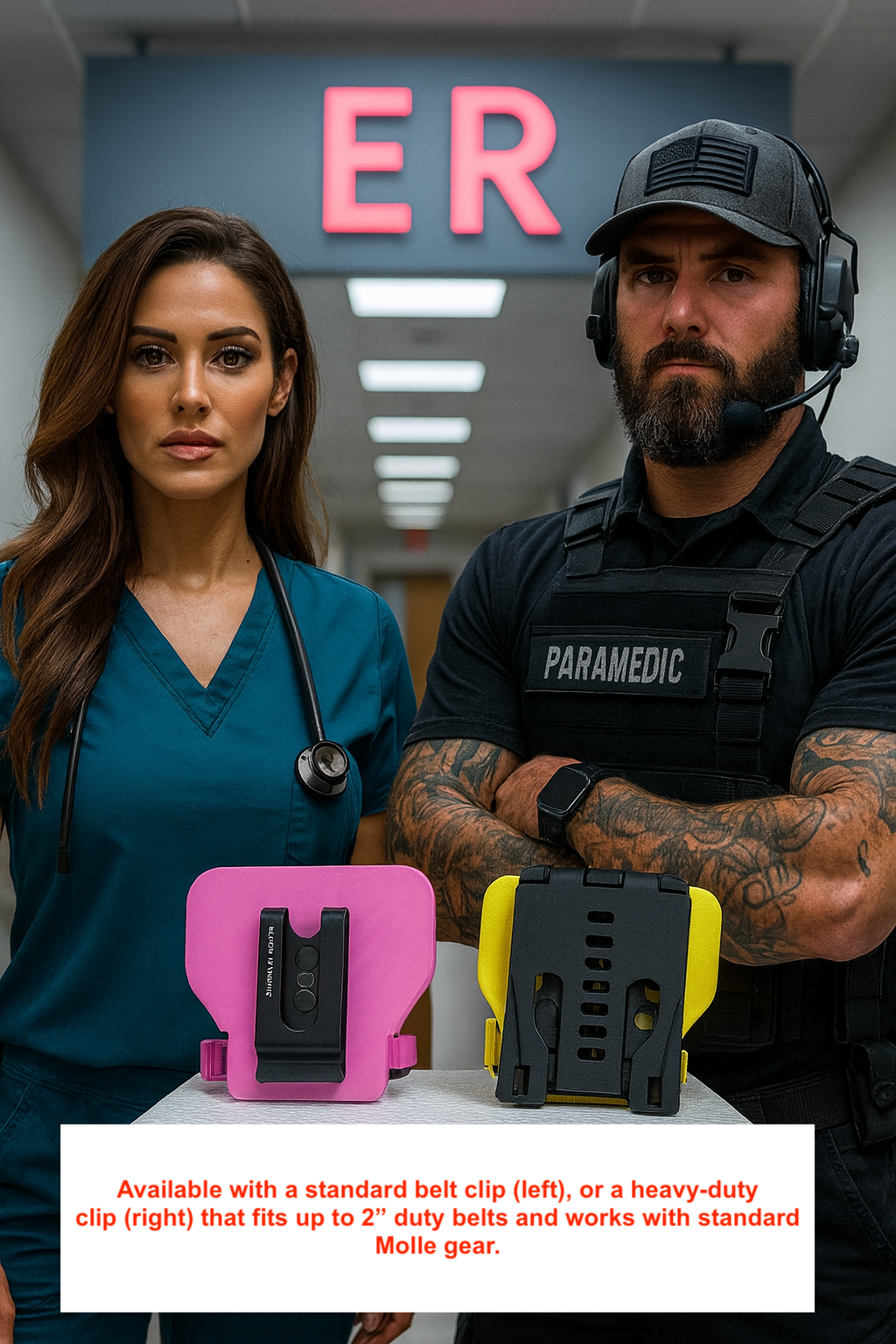 Two people, one in a blue scrub and the other in a paramedic uniform, standing in an ER hallway with medical equipment.