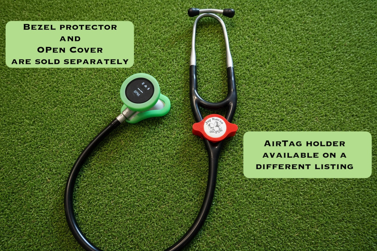 Stethoscope with Airtag holder on a green background, text indicating separate purchase options.