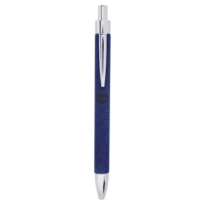 Blue pen with silver accents on a green background