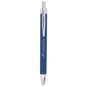 Blue pen with silver accents on a white background