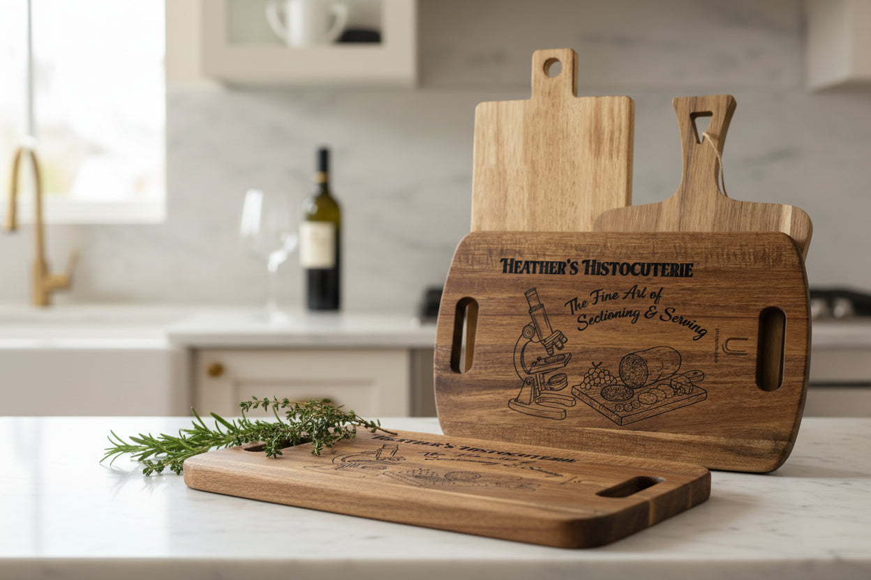 Wooden cutting board with engraved text and illustrations on a light background