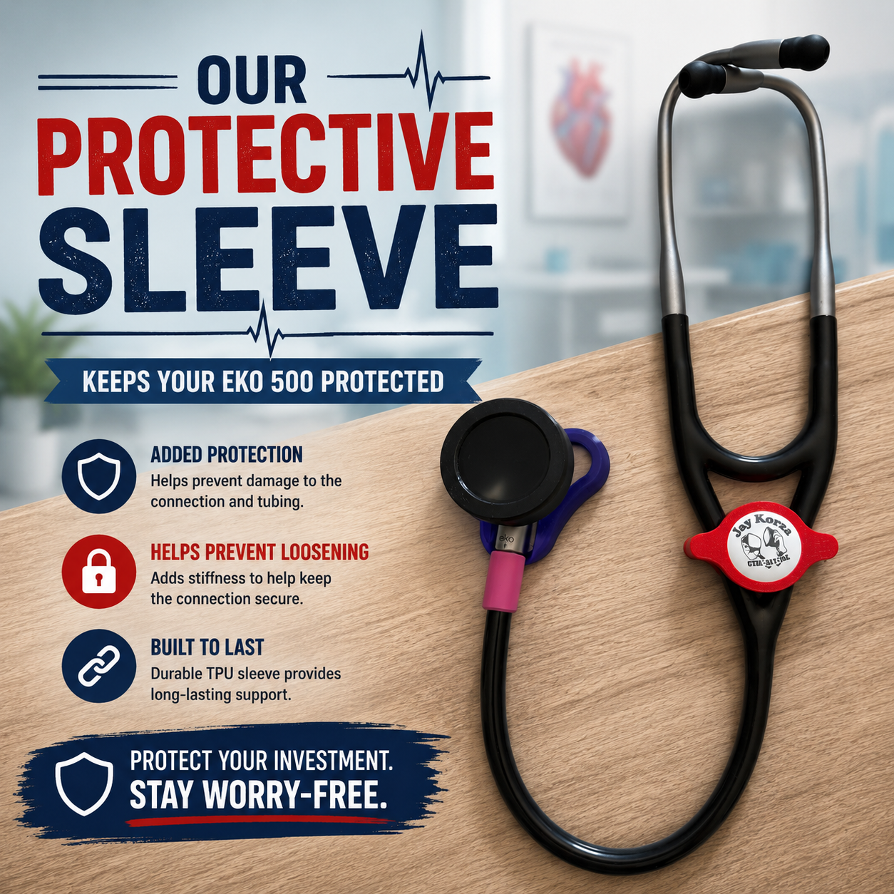 A black stethoscope with a purple and pink earpiece cup and a red-and-white circular gauge, displayed on a wooden surface with promotional text about a protective sleeve for EKO 500 earbuds.