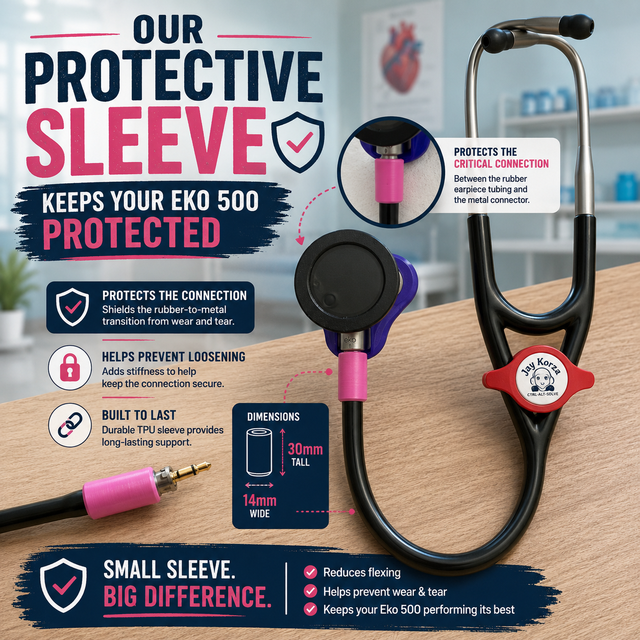 A stethoscope with a pink protective sleeve and a red branded loop, shown on a wooden surface with marketing text and callout boxes explaining the sleeve's features and dimensions.