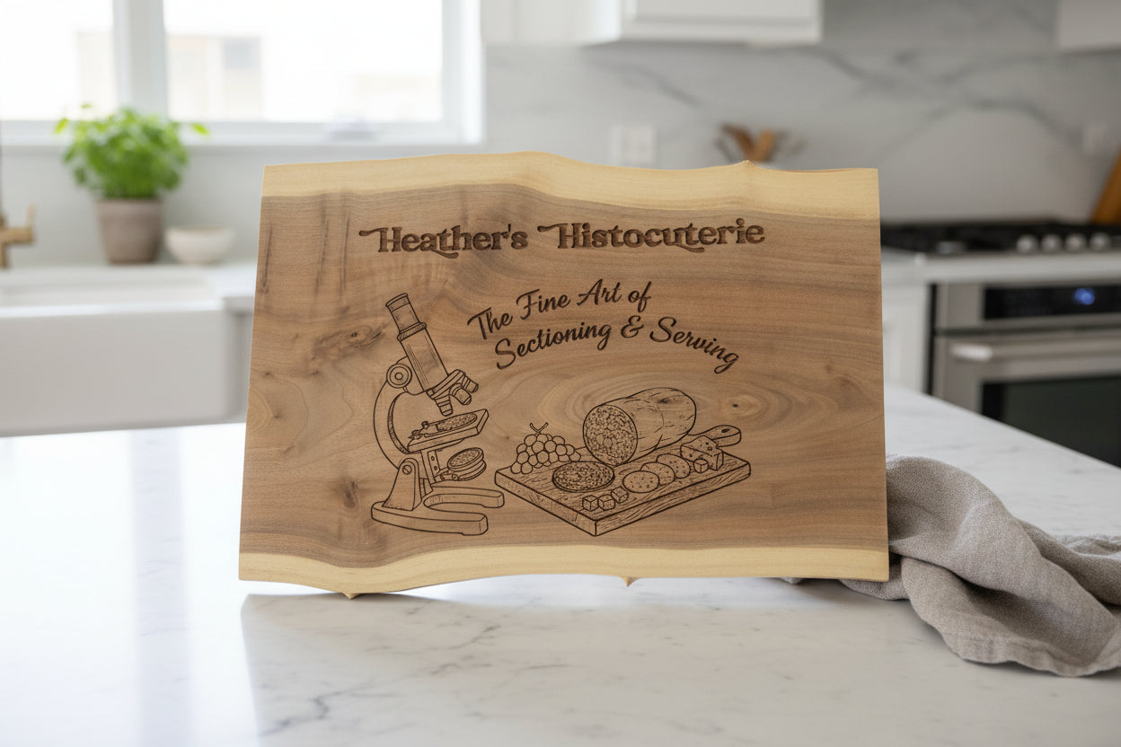 Wooden cutting board with engraved text and illustrations, held by a person.