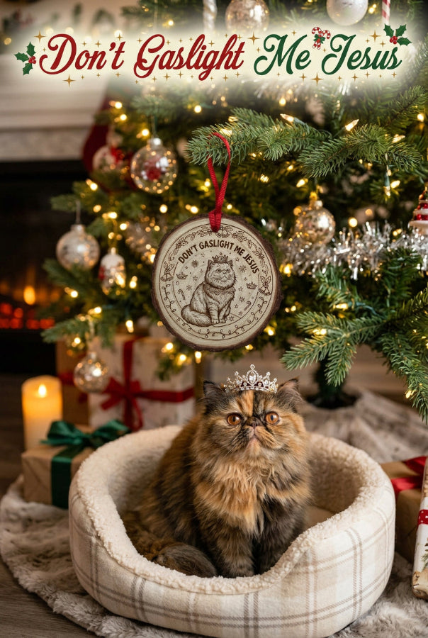 A round wooden Christmas ornament with a natural bark edge, featuring a brown engraved illustration of a cat and the text 'DON'T GASLIGHT ME JESUS' surrounded by a floral border. The ornament hangs from a red ribbon loop against a plain light gray background.