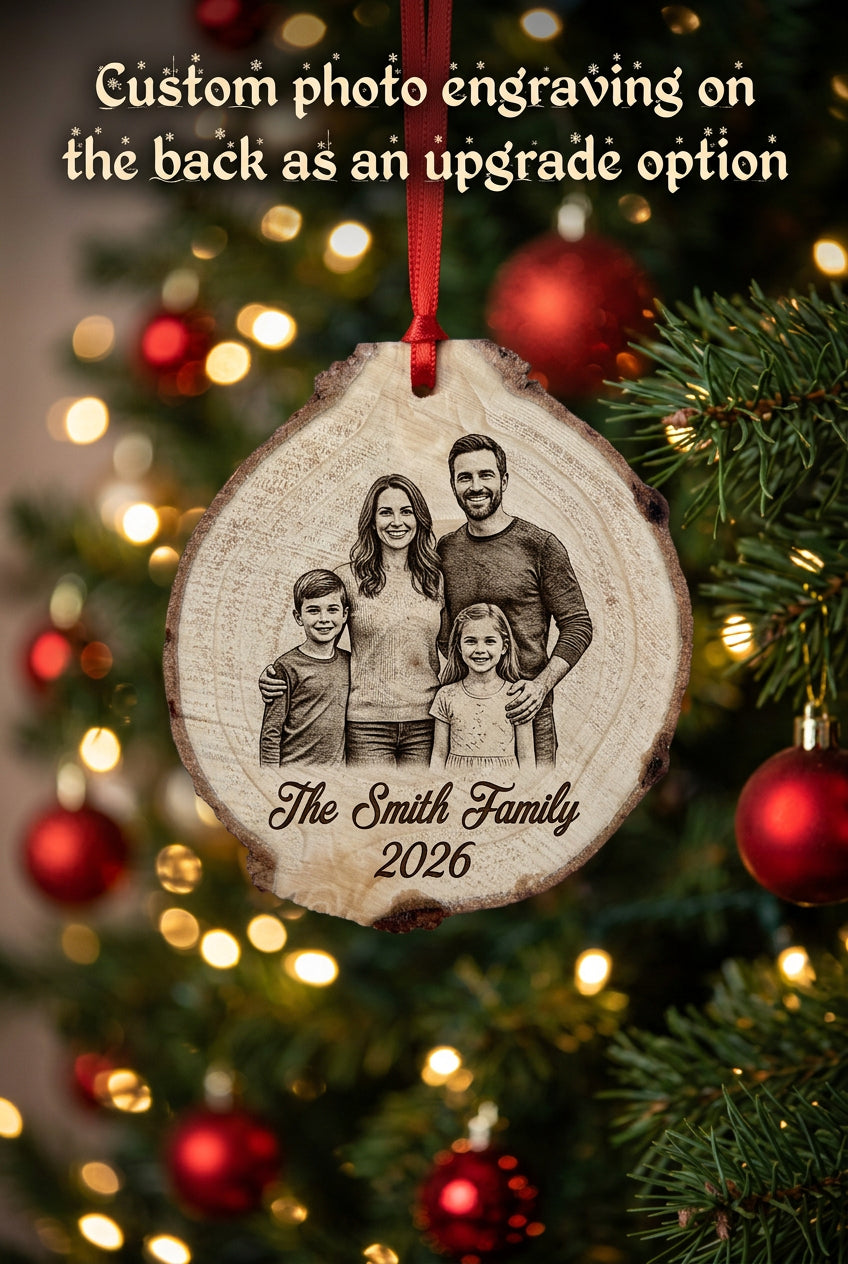 A natural wood slice ornament with a red hanging ribbon, with a family laser engraved on the back.