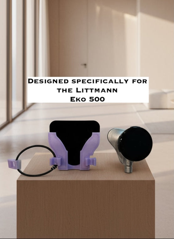 Littmann Eko 500 medical device components on a box with text overlay.
