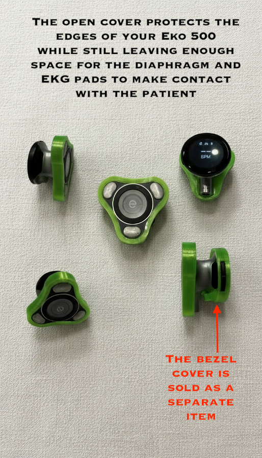 Medical device components with text explaining their function on a light gray background