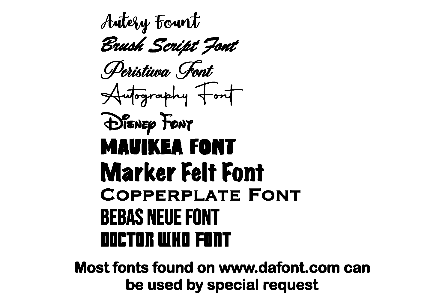 List of various font names on a white background