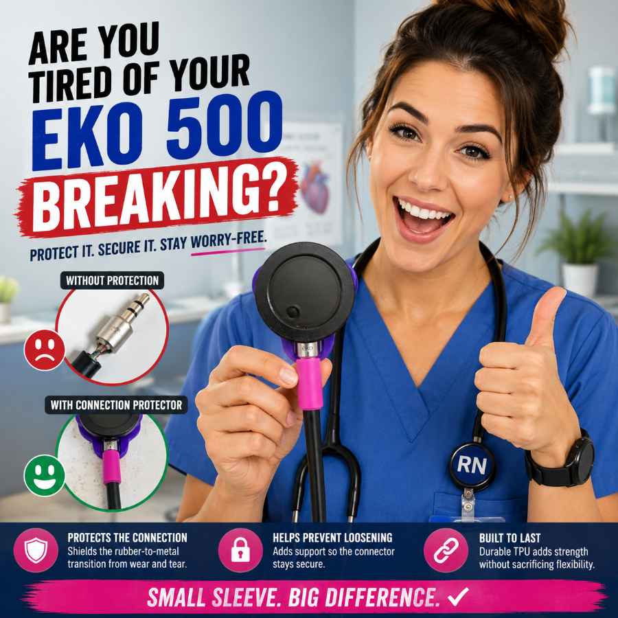 A smiling woman in blue scrubs holds a stethoscope with a bright pink and black connector while giving a thumbs-up. Large promotional text reads 'ARE YOU TIRED OF YOUR EKO 500 BREAKING?' and includes callout circles showing the connector with and without protection.