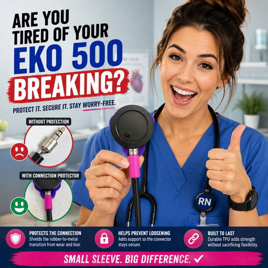 A smiling woman in blue scrubs holds a stethoscope with a bright pink and black connector while giving a thumbs-up. Large promotional text reads 'ARE YOU TIRED OF YOUR EKO 500 BREAKING?' and includes callout circles showing the connector with and without protection.