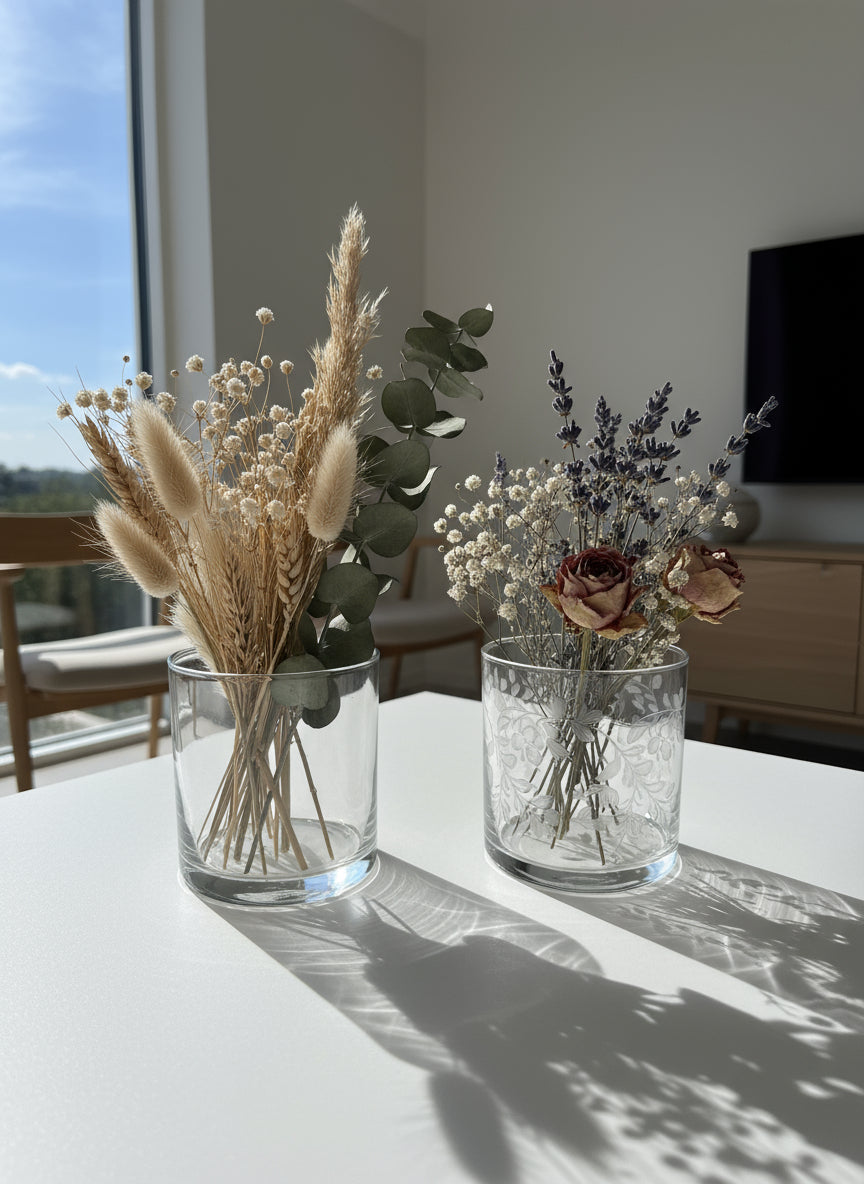 Two glass vases with dried plants on a table in a bright room.
