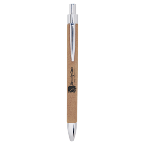 Pen with a brown body and silver accents on a transparent background