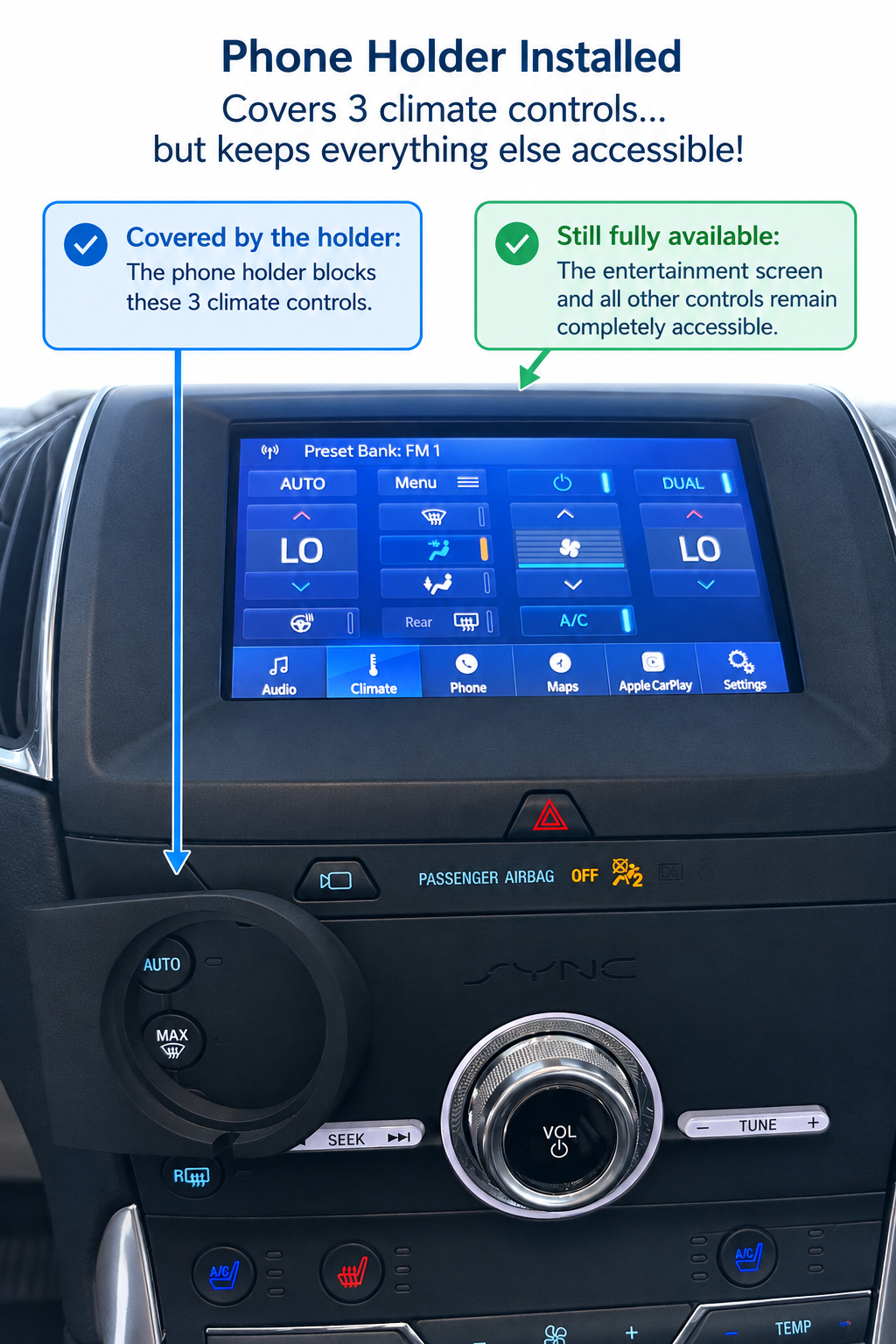 A car dashboard console with a phone holder installed over the lower-left climate control knob, shown with explanatory text and callout arrows. The screen is on and displays media controls.