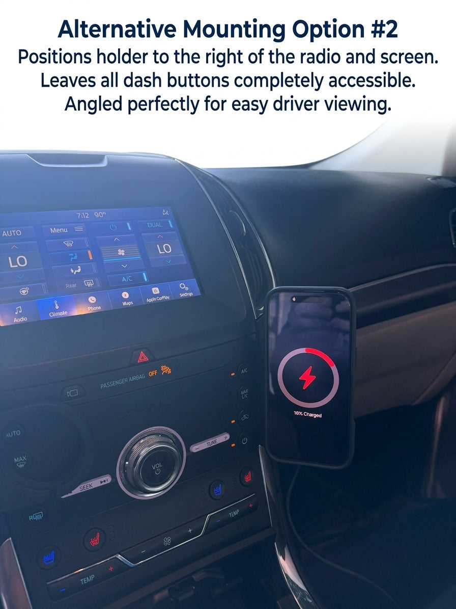 A smartphone mounted on a car's center console dashboard, shown in a real vehicle environment with the infotainment screen and climate controls visible. Text at the top explains an alternative mounting option that positions the holder to the right of the radio and screen, leaving all dash buttons accessible.