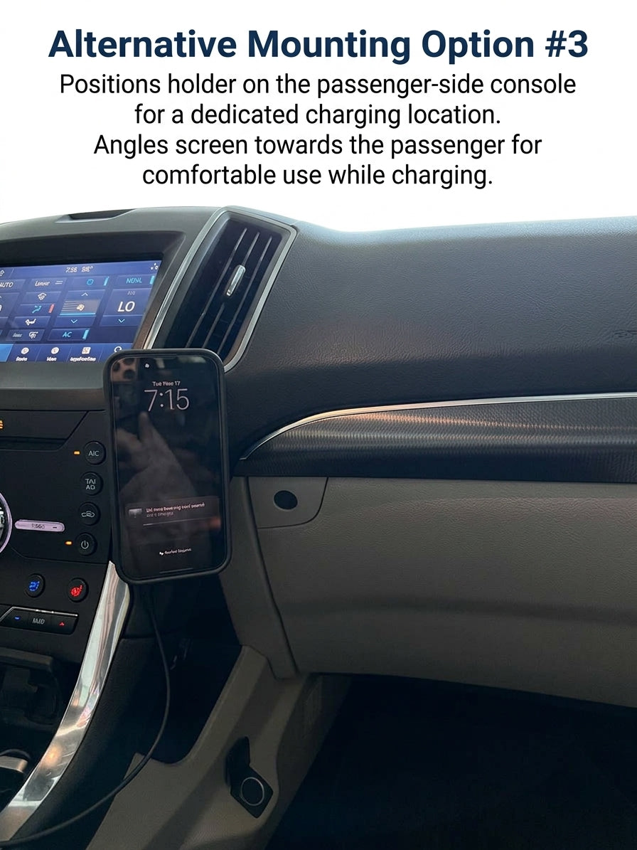 A smartphone mounted on a car's passenger-side dashboard console, with text at the top describing an alternative mounting option for a charging location.