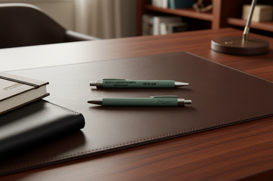 Three green pens with metallic accents on a light blue background