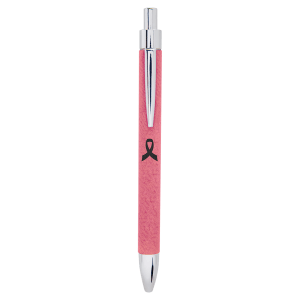 Pink pen with a black logo on a white background