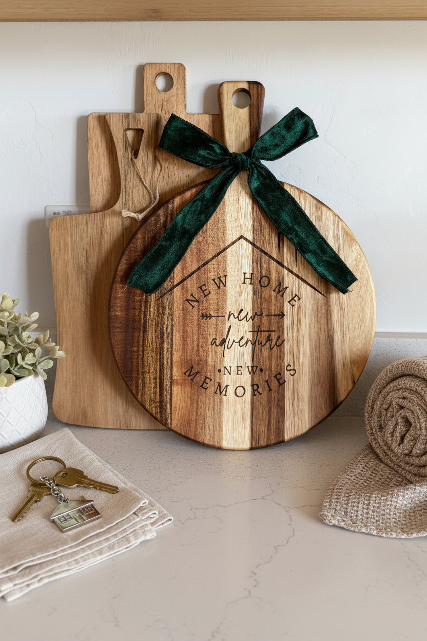 Wooden cutting board set with a green ribbon on a light background