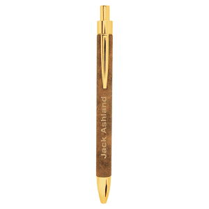 Wooden pen with gold accents on a green background