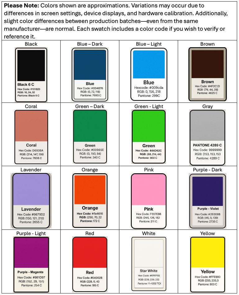 A color chart grid showing 15 Pantone color options including Black, Blue, Brown, Coral, Green, Gray, Lavender, Orange, Pink, Purple, Red, White, and Yellow, each with a color tile, hex code, and HIC code.