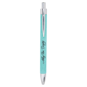 Turquoise pen with silver accents on a white background