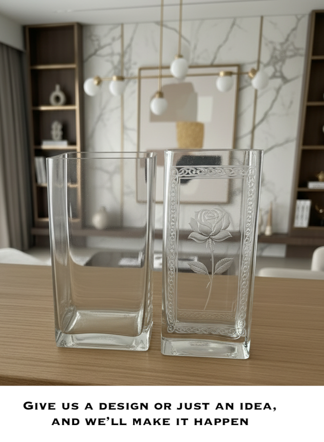 Two clear glass vases on a wooden surface with a decorative rose design, in a room setting.