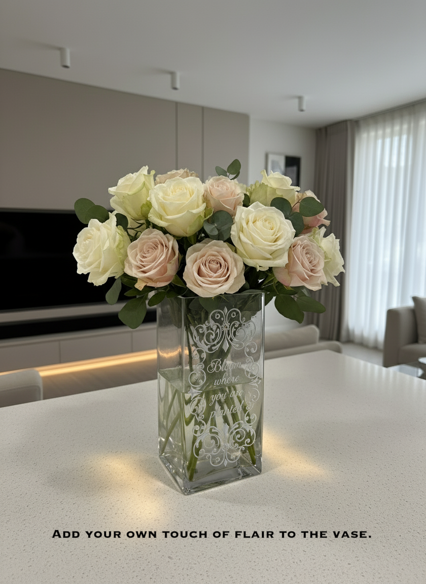 Clear vase with flowers on a table in a modern living room