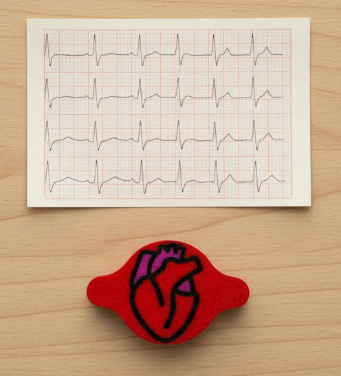 Red anatomical heart AirTag holder in front of an ECG strip