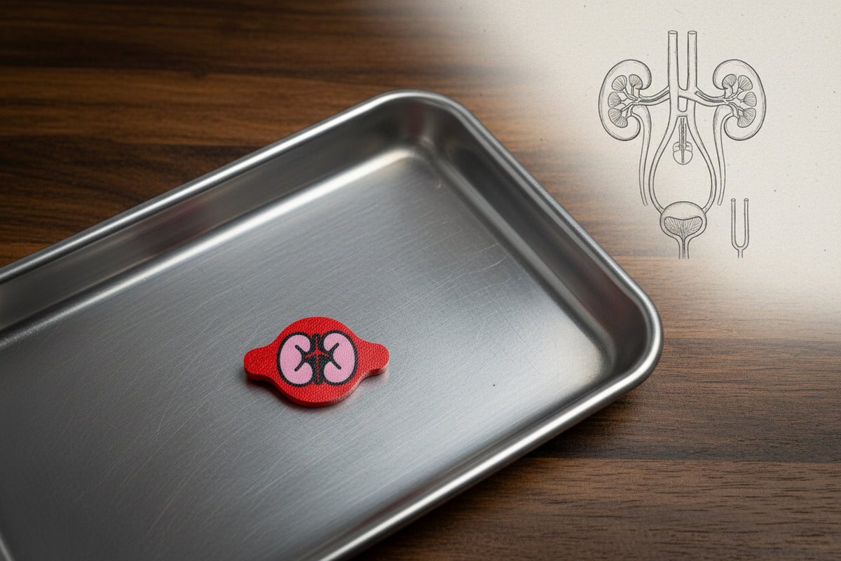 Red kidney-shaped AirTag holder on a steel tray with a drawing of kidneys