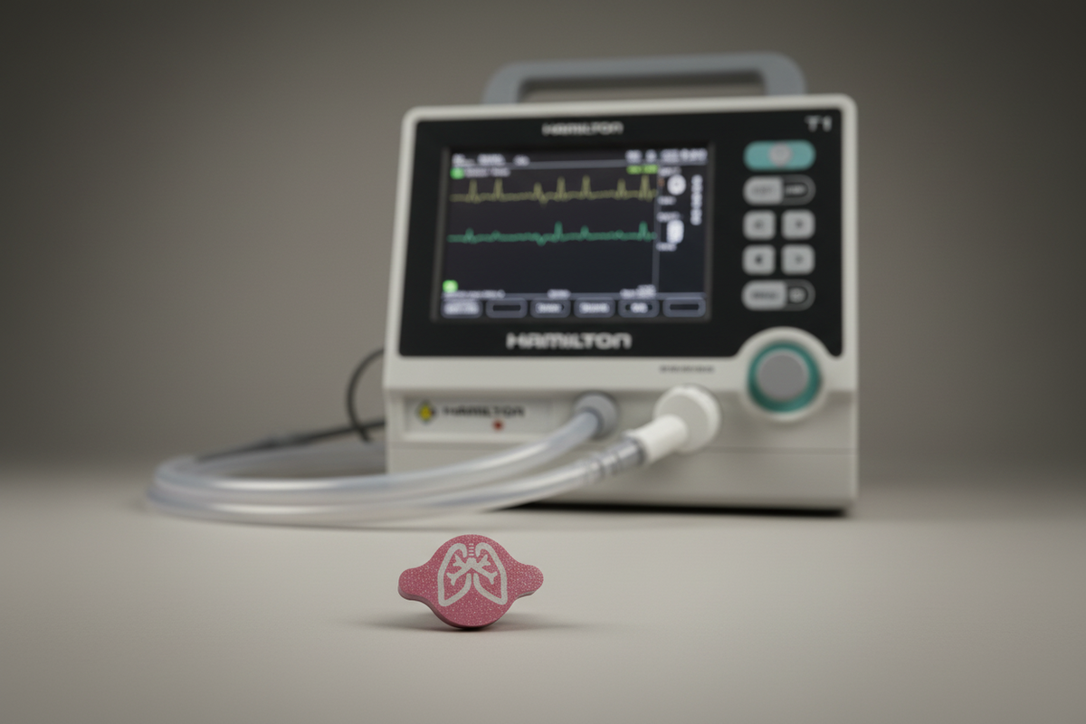 Lungs AirTag holder in front of a ventilator