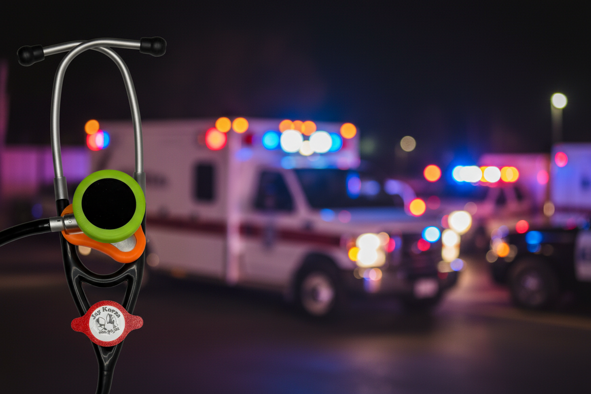 Stethoscope with a green and orange AirTag holder in front of an ambulance at night