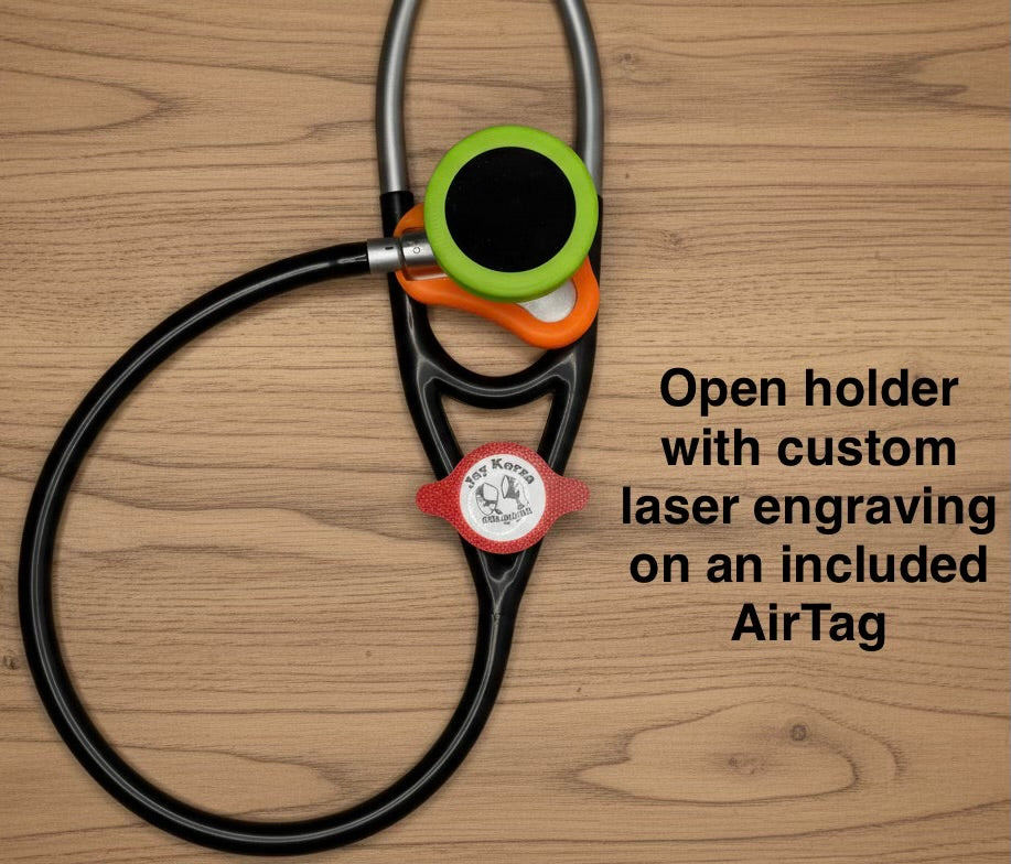 Littmann stethoscope with an open AirTag holder and a laser-engraved AirTag included