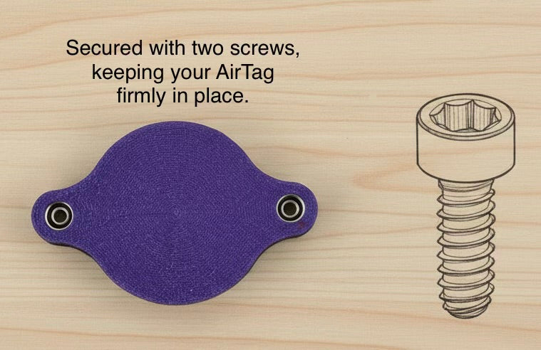 Purple AirTag holder secured with two screws, with a drawing of the screw, on a wood surface