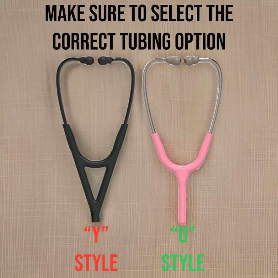 Black and pink stethoscopes showing the two tubing styles, labeled Y style and U style, with the text Make sure to select the correct tubing option