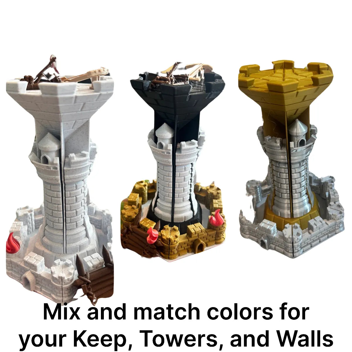 Three Castle Panic keeps in white, black and gold color combinations, with the text Mix and match colors for your keep, towers and walls