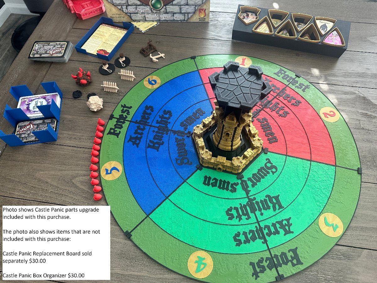 3D printed Castle Panic keep and towers in the center of a round red, blue and green replacement board