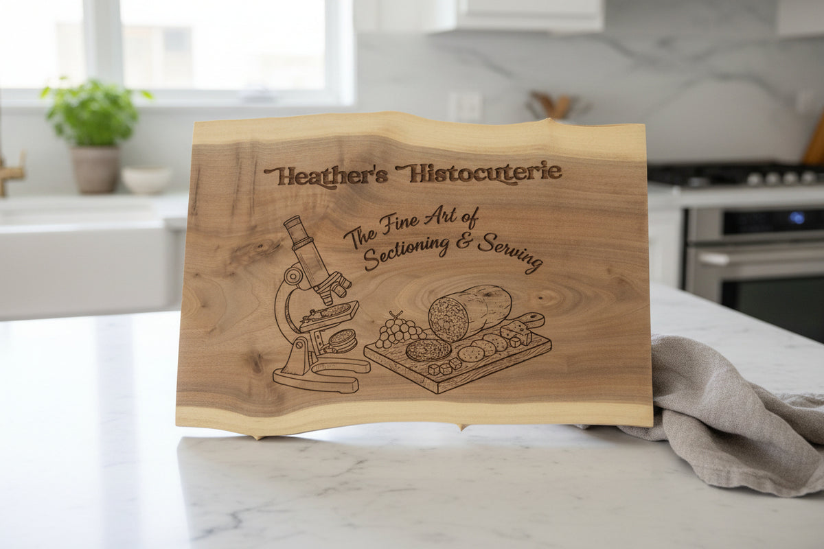 Wooden cutting board with engraved text and illustrations, held by a person.