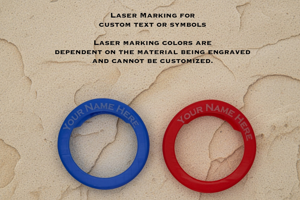 Blue and red bezel covers with laser-marked text, with a note that marking colors depend on the material and can't be customized