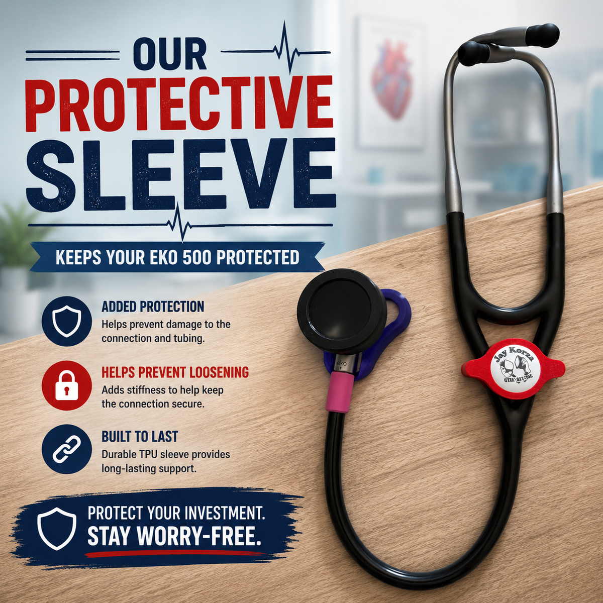 Littmann Eko 500 with a pink connection protector on a wood desk, with callouts on protection, loosening and durability