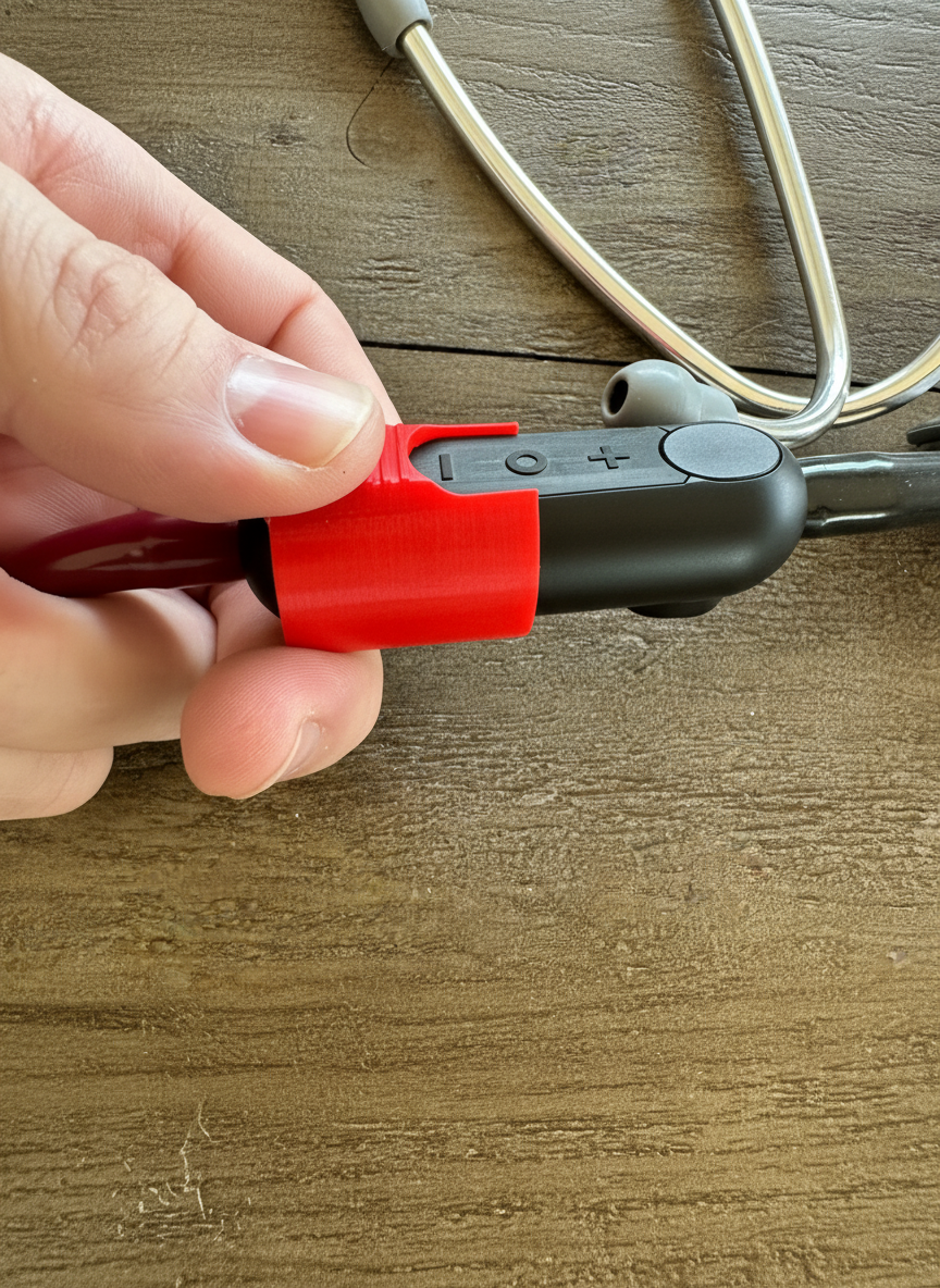 Hand sliding a red power blocker onto a Littmann Eko CORE on a wood table