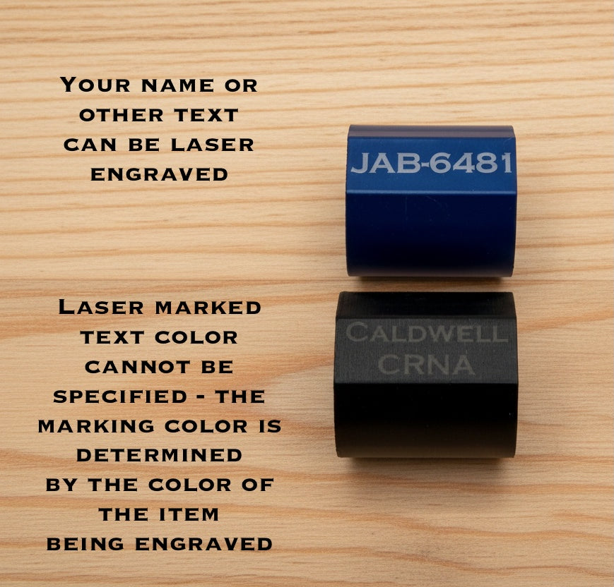 Blue and black power blockers with laser-marked text, and a note that the marking color is set by the color of the item and can't be chosen