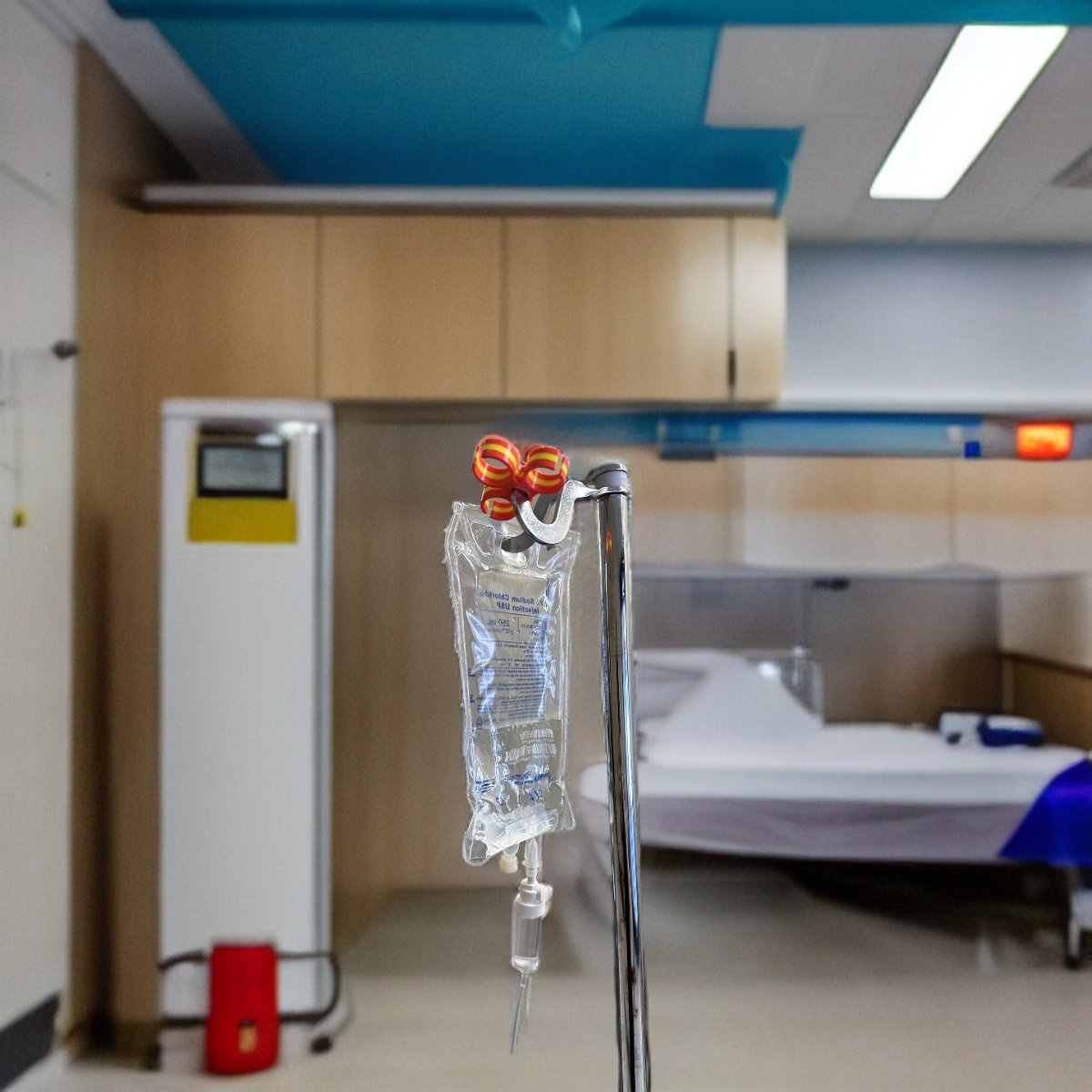 IV bag with its drip chamber held in an orange holder on an IV pole in a hospital room