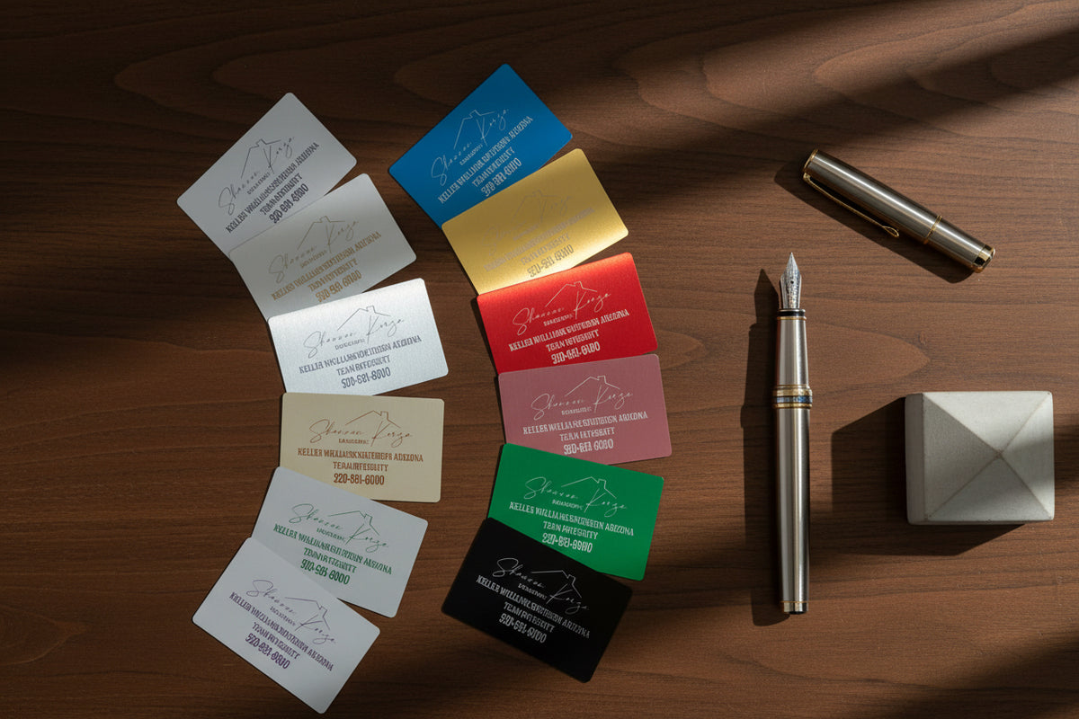 Engraved metal business cards fanned out in silver, blue, gold, red, green and black on a wood desk