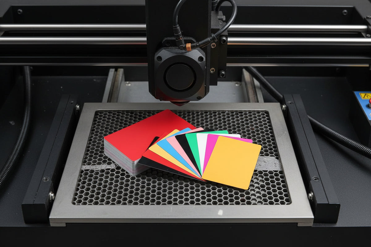 Stack of colored metal business cards in a laser engraver