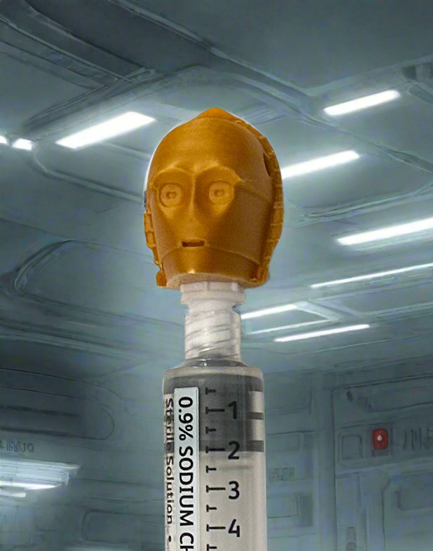 Gold protocol assistant flush cap holder on top of a 10 mL saline flush syringe