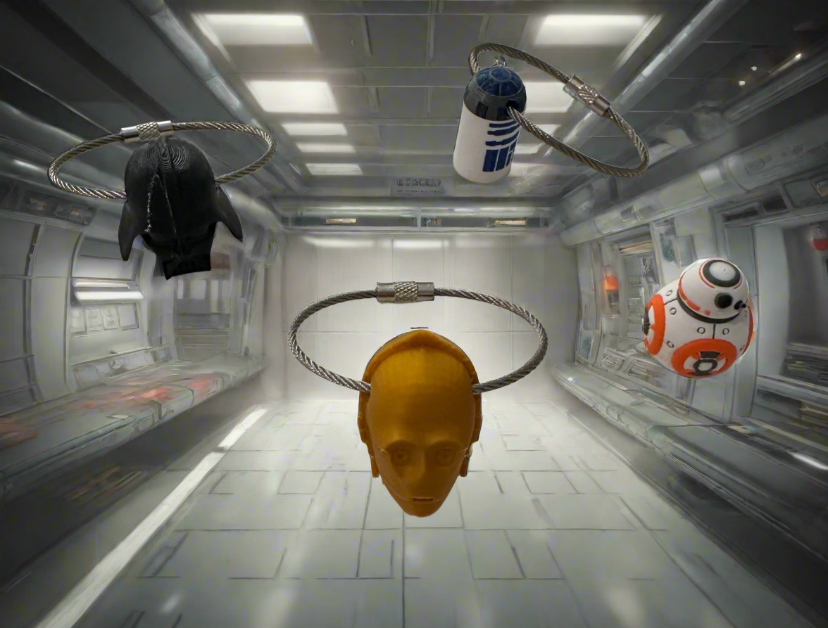 Sci-fi character flush cap holders on rings in a futuristic hallway